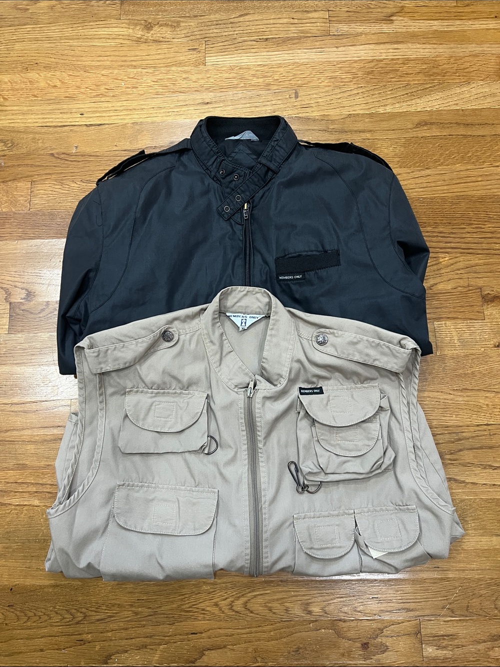 Men's Beige Utility Vest - Lightweight Multi-Pocket Field Vest and black Jacket